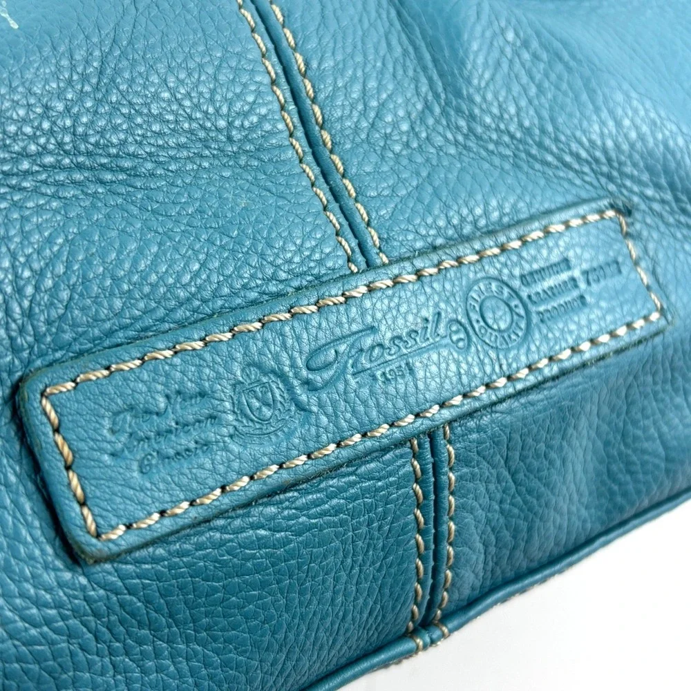VTG Fossil Y2K Shoulder Bag Womens Medium Blue Pebbled Leather Satchel 75082